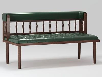 Elegant Dining Bench with Green Leather Upholstery and Wooden Spindle Back Design 3d model