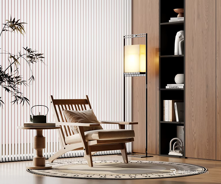 Wooden Leisure Chair With Small Side Table Black Teapot Floor Lamp And Vertical Blinds 3d model 