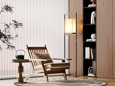 Wooden Leisure Chair With Small Side Table Black Teapot Floor Lamp And Vertical Blinds 3d model