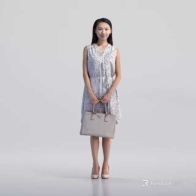Elegant Woman In Sleeveless Polka Dot Dress With Beige Handbag And High Heels Standing Gracefully 3d model 