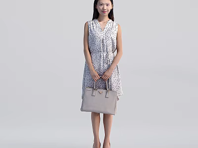 Elegant Woman In Sleeveless Polka Dot Dress With Beige Handbag And High Heels Standing Gracefully 3d model