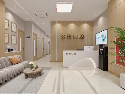 Mingde Dental Clinic Reception Area With Reception Desk Sofa TV Plant And Decorative Paintings 3d model