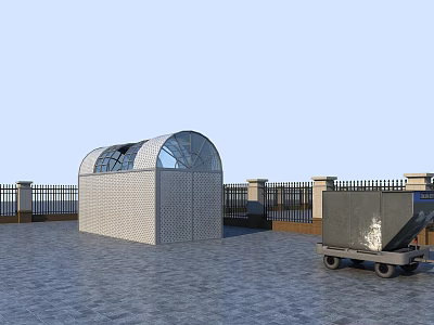 Public Facility With Arched Glass Roof Metal Structure And Wheelie Bin Near Black Fence 3d model
