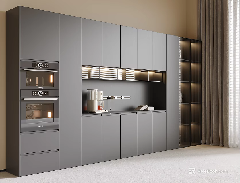 Elegant Modern Gray Wine Cabinet With Storage Shelves And Display Areas 3d model 