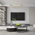 Modern Living and Dining Room With Light Gray Sofa Round Pendant Lights Black Coffee Table