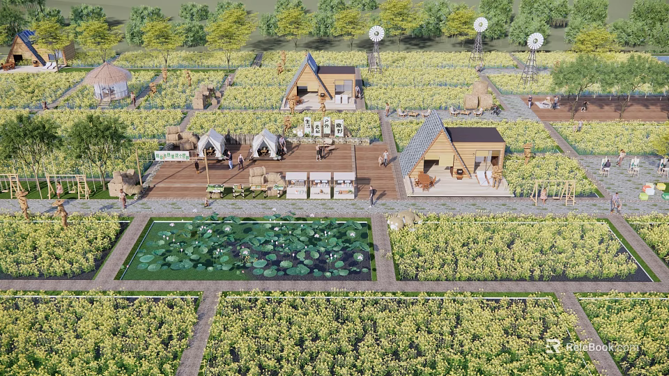 Rural Landscape With Organized Farmland Lily Pond Wooden Cottages Tents And Green Trees 3d model 