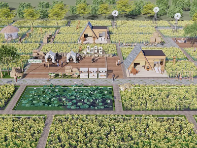 Rural Landscape With Organized Farmland Lily Pond Wooden Cottages Tents And Green Trees 3d model
