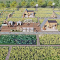 Rural Landscape With Organized Farmland Lily Pond Wooden Cottages Tents And Green Trees