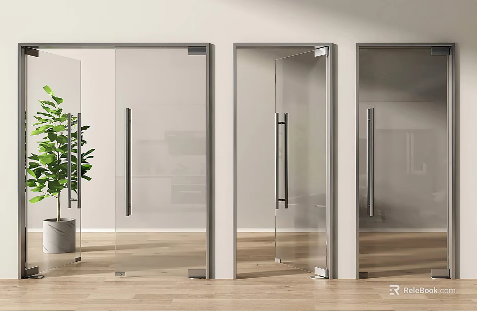 Glass Hinged Doors With Silver Metal Frames Transparent Glass Green Plant And Light Wooden Floor 3d model 