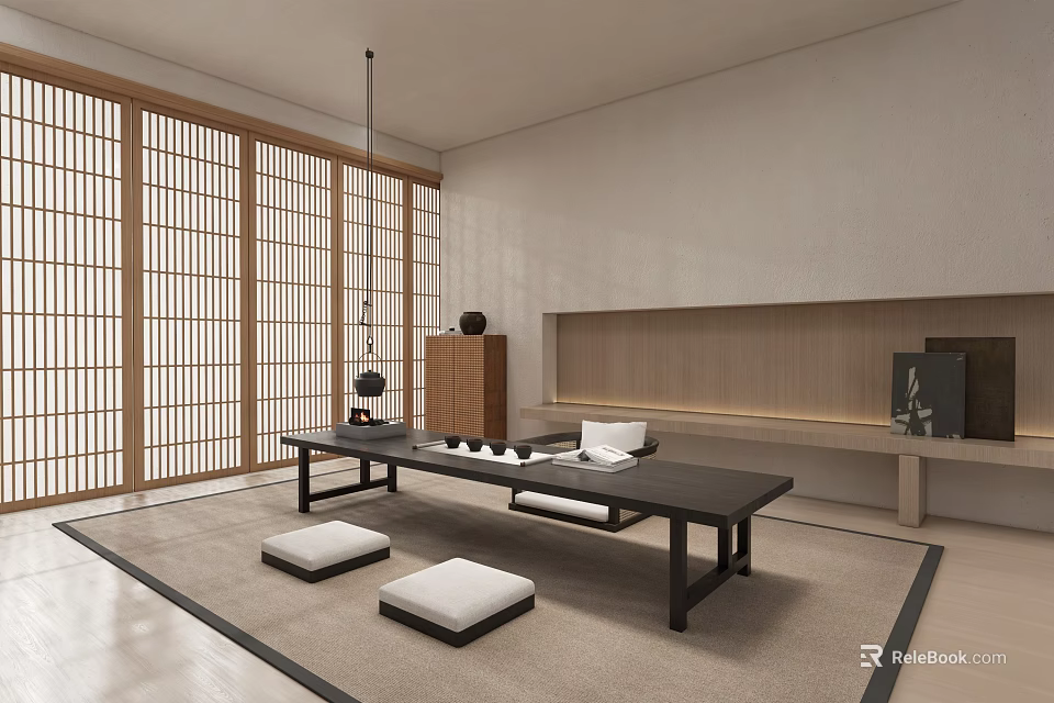 Traditional Japanese Tea Room Interior With Wooden Screens Low Table And Floor Cushions 3d model 