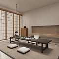 Traditional Japanese Tea Room Interior With Wooden Screens Low Table And Floor Cushions