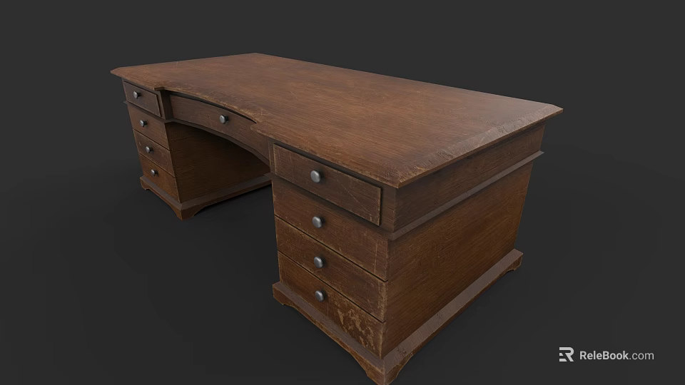 Brown Wooden Desk With Classic Design And Multiple Storage Drawers For Home Office 3d model 