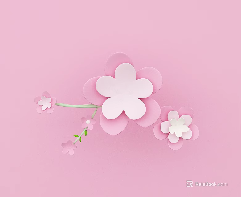Pink Background Panel Door Decorated With Paper Art Flowers And Green Stems 3d model 