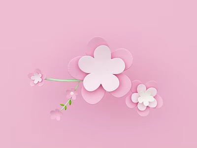 Pink Background Panel Door Decorated With Paper Art Flowers And Green Stems 3d model
