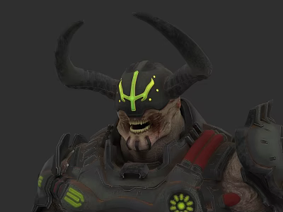 Grinning Horned Game Movie Character With Green Glowing Helmet And Spiked Armor 3d model