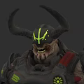 Grinning Horned Game Movie Character With Green Glowing Helmet And Spiked Armor
