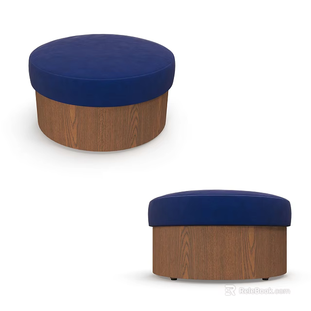 Round Blue Padded Sofa Stool with Wooden Base for Living Room Decor 3d model 