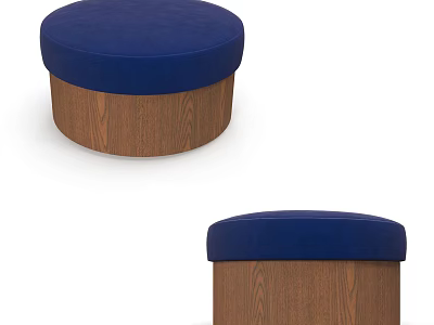 Round Blue Padded Sofa Stool with Wooden Base for Living Room Decor 3d model