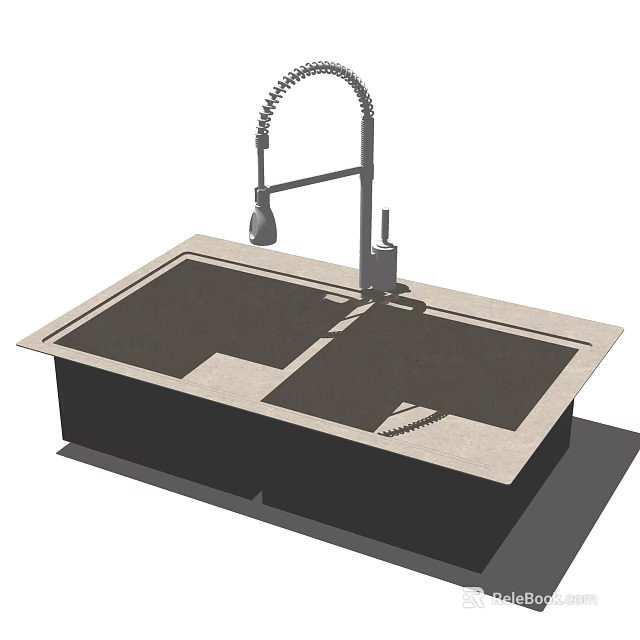Modern Double Bowl Kitchen Sink With Pull Down Faucet Stainless Steel Design 3d model 