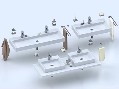 Modern Bathroom Vanities With White Countertops Faucets Towel Racks And Accessories 3d model