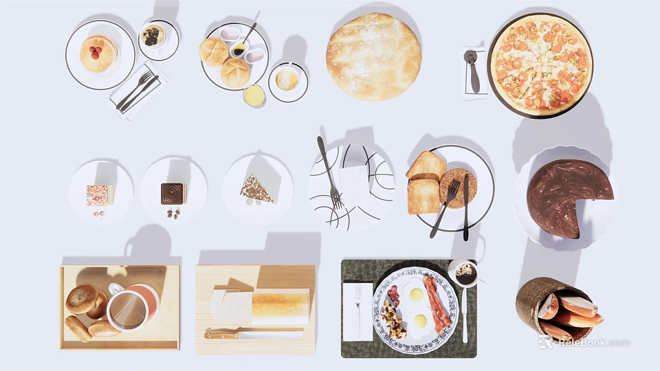 Assorted Food Display with Breakfast Plate Pizza Bread Desserts Coffee and Chocolate 3d model 