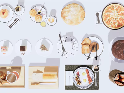 Assorted Food Display with Breakfast Plate Pizza Bread Desserts Coffee and Chocolate 3d model