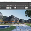 Modern Commercial Street With Glass Curtain Wall Buildings People Walking Greenery Plaza And Fountain