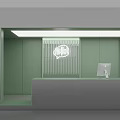 Modern Reception Desk Interior With Green Walls Computer And Lighting Fixture Design 3d model