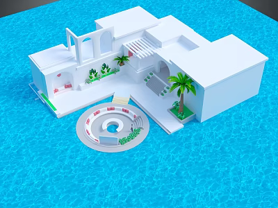 Cartoon Scene White Building With Open Design Staircase Plants Palm Tree Circular Structure Blue Water 3d model
