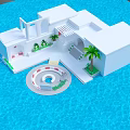 Cartoon Scene White Building With Open Design Staircase Plants Palm Tree Circular Structure Blue Water