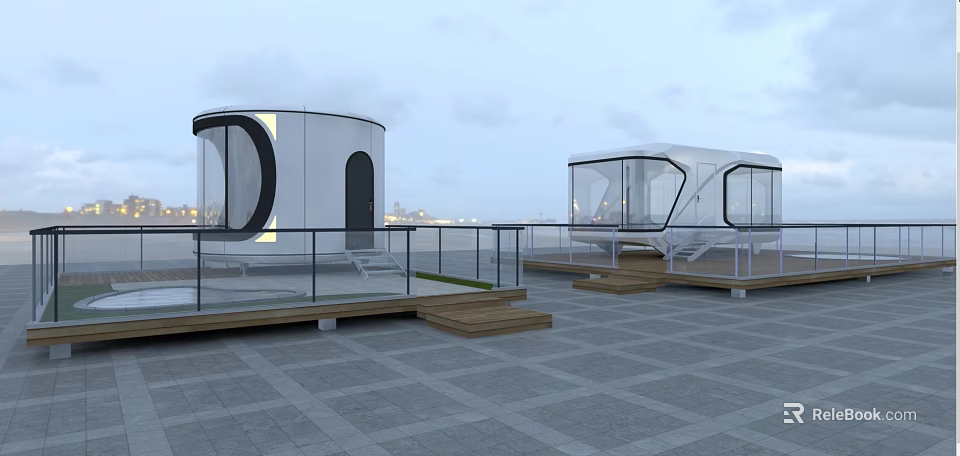 Modern Circular Boutique Guesthouse Building With Glass Curtain Walls Rooftop Terrace And City View 3d model 