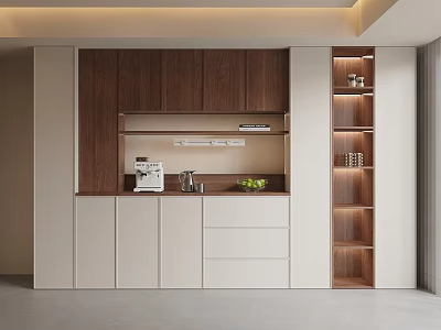 Modern Dining Room Sideboard With Open Shelves Wooden Cabinets White Drawers And Green Plants 3d model