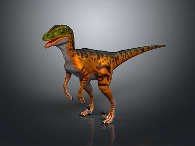 Colorful Striped Velociraptor Dinosaur 3D Model In Green Orange Brown Standing Pose 3d model