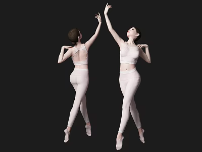 Two Women in White Dancewear Performing Ballet Moves on Black Background 3d model