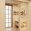 Modern Bathroom Interior With Wooden Lattice Door Flower Shaped Mirror And Wall Shelves