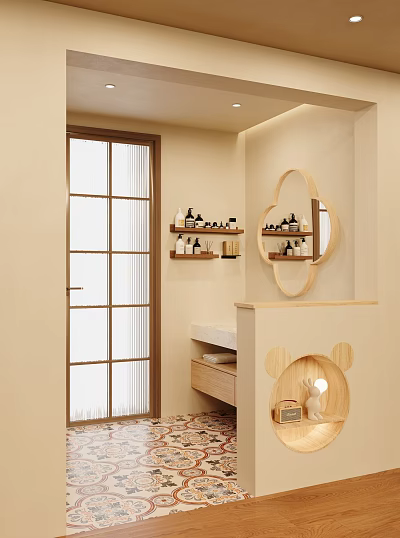 Modern Bathroom Interior With Wooden Lattice Door Flower Shaped Mirror And Wall Shelves 3d model