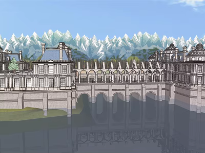 Classical Single Family Villa With Symmetrical Arches Snowy Mountains And Water Reflection 3d model