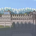 Classical Single Family Villa With Symmetrical Arches Snowy Mountains And Water Reflection