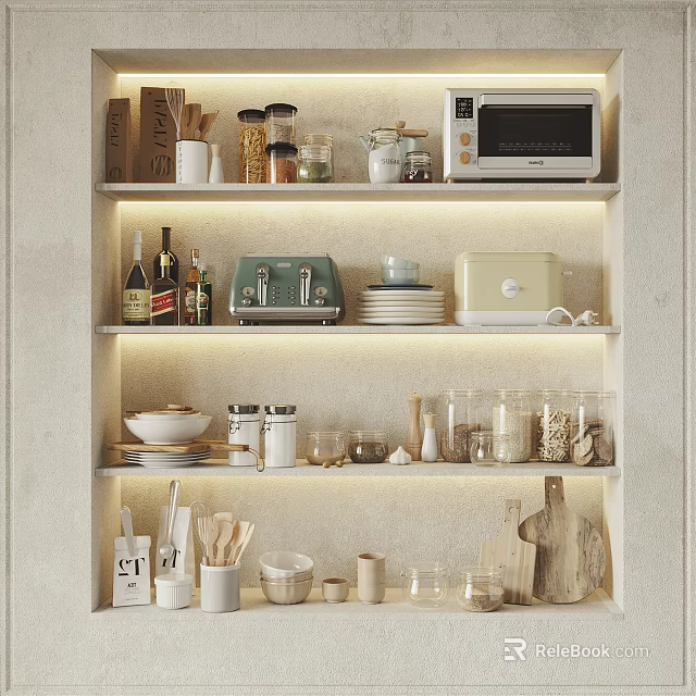 Organized Kitchen Storage Shelves With Glass Jars Plates Toaster Microwave And Cutting Board 3d model 