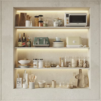 Organized Kitchen Storage Shelves With Glass Jars Plates Toaster Microwave And Cutting Board 3d model