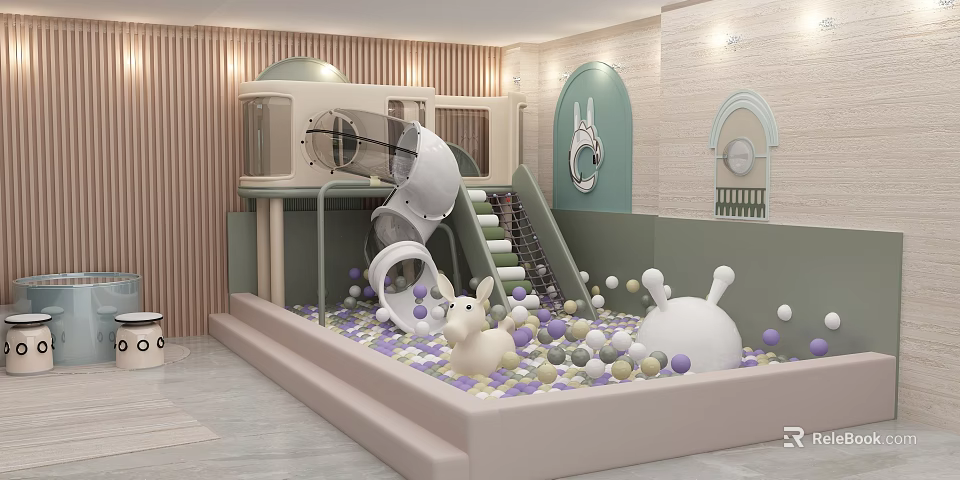 Indoor Kids Playground Equipment With Slide Ball Pit Colorful Balls And Rabbit Shaped Toys 3d model 