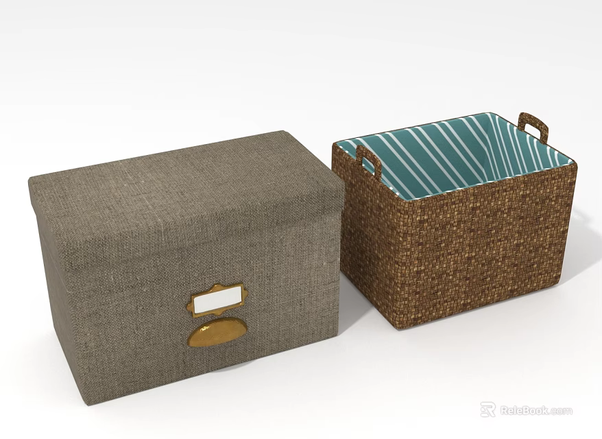 Home Organizer Fabric Storage Box With Gold Lock And Woven Basket Green Linen Lining 3d model 