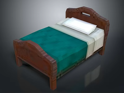 Wooden Bed Frame With Green Bedspread And White Pillow For Bedroom 3d model