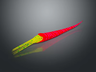 Vibrant Red And Yellow Striped Elongated Creature With Green Tipped Tentacles On Gray Reflective Surface 3d model