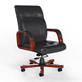 Comfortable Black Leather Office Chair With Wooden Armrests And Swivel Casters