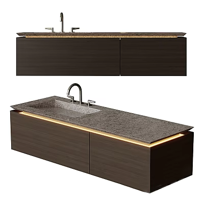 Modern Bathroom Washbasin Vanity With Wooden Cabinet Stone Countertop And LED Lighting 3d model