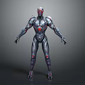 Futuristic Sci Fi Game And Movie Character With Silver Red Mechanical Armor And Detailed Body