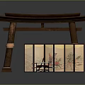 Traditional Japanese Torii Gate And Folding Screen Display With Painted Panels Calligraphy Brush And Inkstone