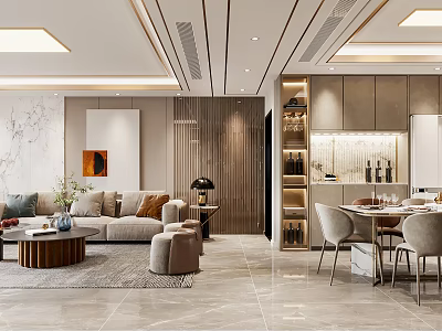 Modern Living Dining Room Design With Beige Sofa Coffee Table Dining Chairs And Recessed Lighting 3d model