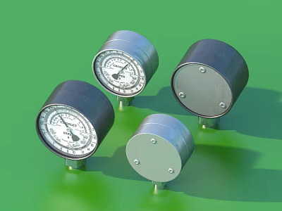 Metal Cased Gauges Arranged On Green Background With Round Faces And Silver Bases 3d model